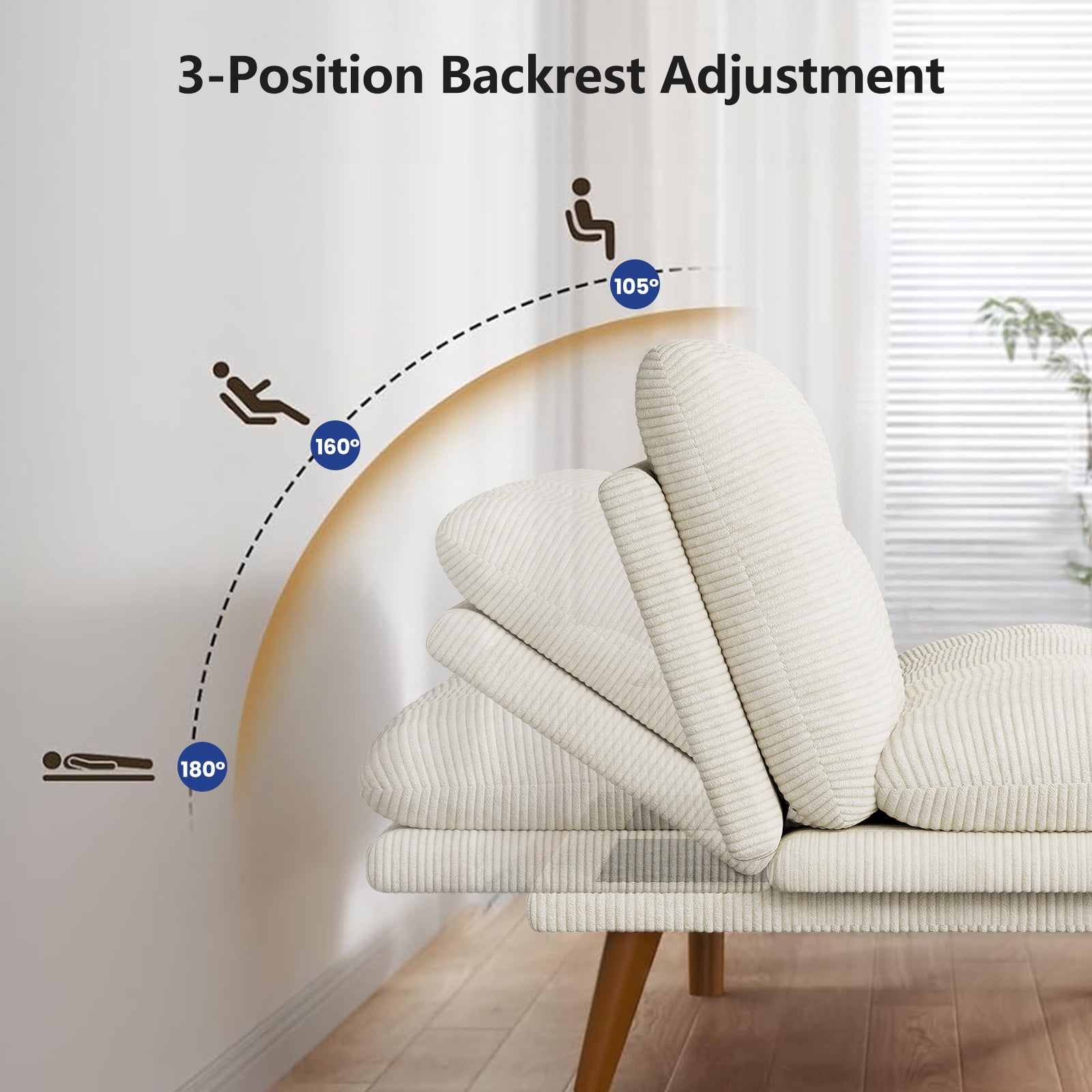 CHITOOMA 66" Futon Sofa Bed with Adjustable Backrest and 6-Level Armrests, White Corduroy Convertible Futon Couch, Comfy Loveseat for Small Spaces, Apartment or Office