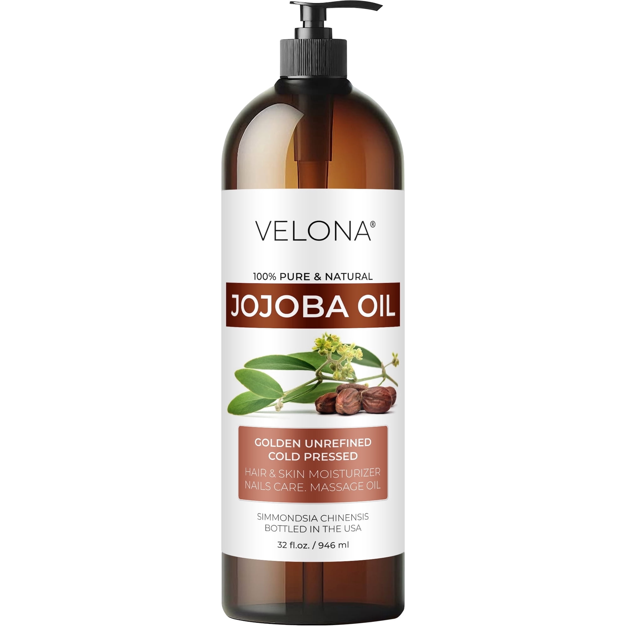 velona Jojoba Oil - 32 fl oz , Unrefined, Cold-Pressed, Golden, Hexane-Free, with Pump