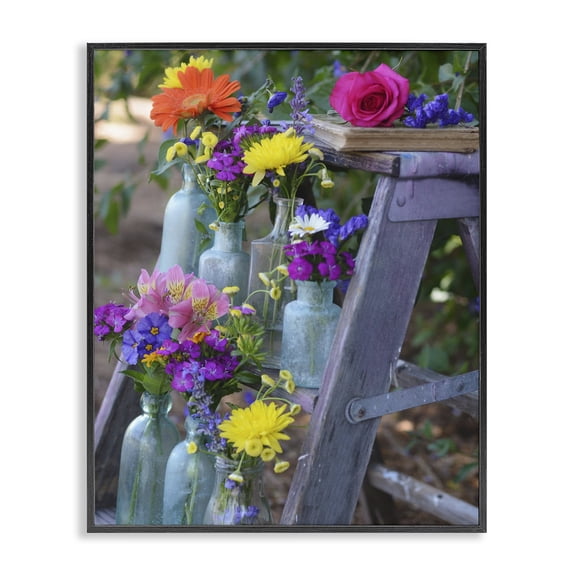 Stupell Industries Shabby Chic Florals on Country Ladder Black Framed Giclee Art, 16 x 20, by Claire Brocato