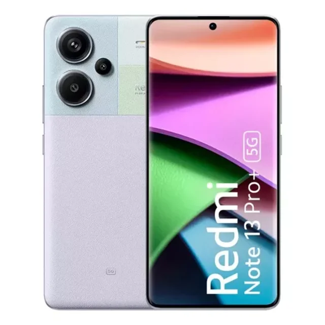 xiaomi redmi note 13 pro+ 5g dual sim 512 gb púrpura 12gb ram Vista frontal y trasera del smartphone púrpura; pantalla OLED de 6.67" con cámara frontal perforada de 16 Mpx, parte trasera texturizada con triple cámara principal (200 Mpx/8 Mpx/2 Mpx), logotipo en pantalla y sensor de huella lateral. Ideal para fotografía móvil y creación de contenido en 5G.