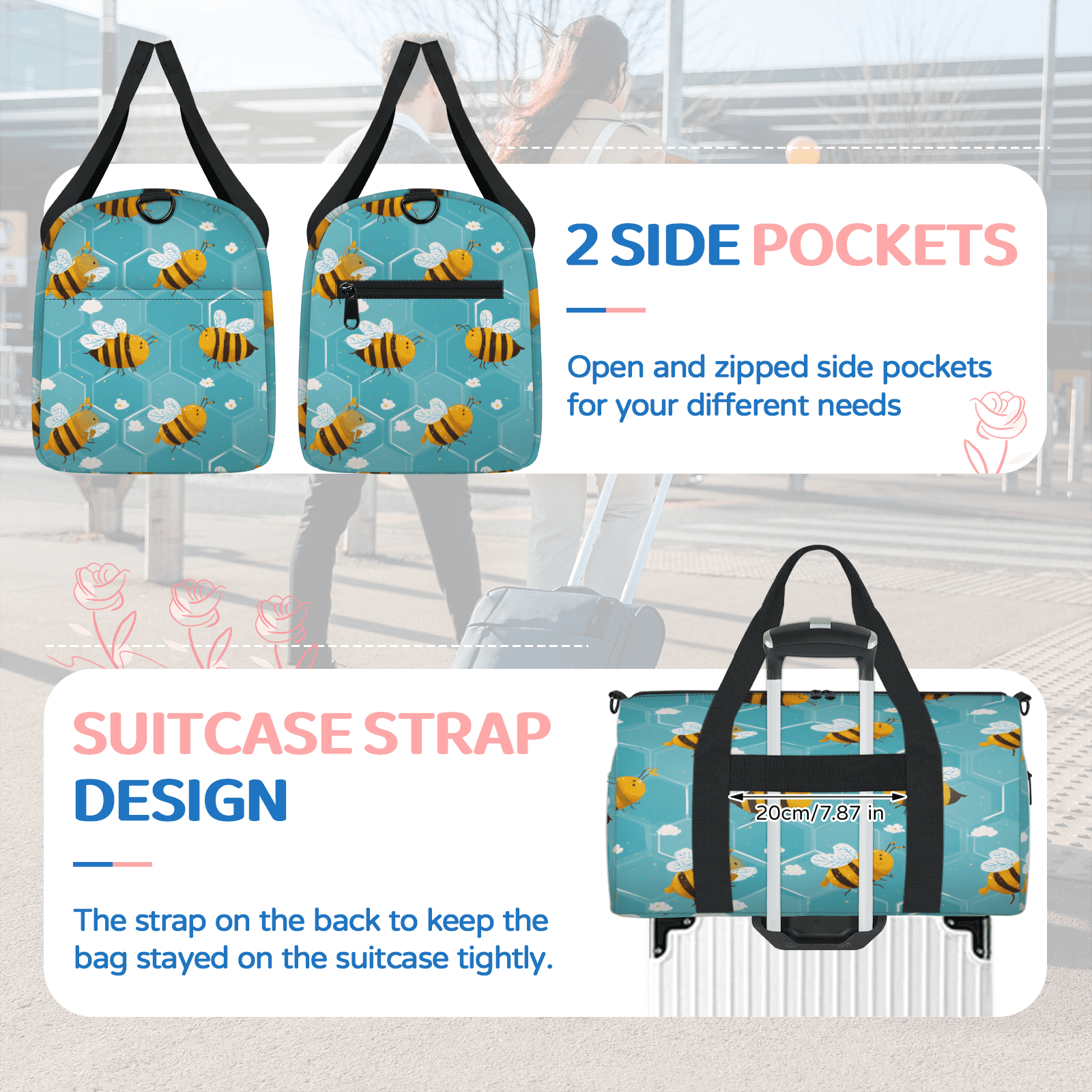 Herdesigns Cute Bee Gym Bag for Women, Duffle Bag for Travel Sport, Lightweight Waterproof Carry on Weekender Dance Yoga Workout Bags