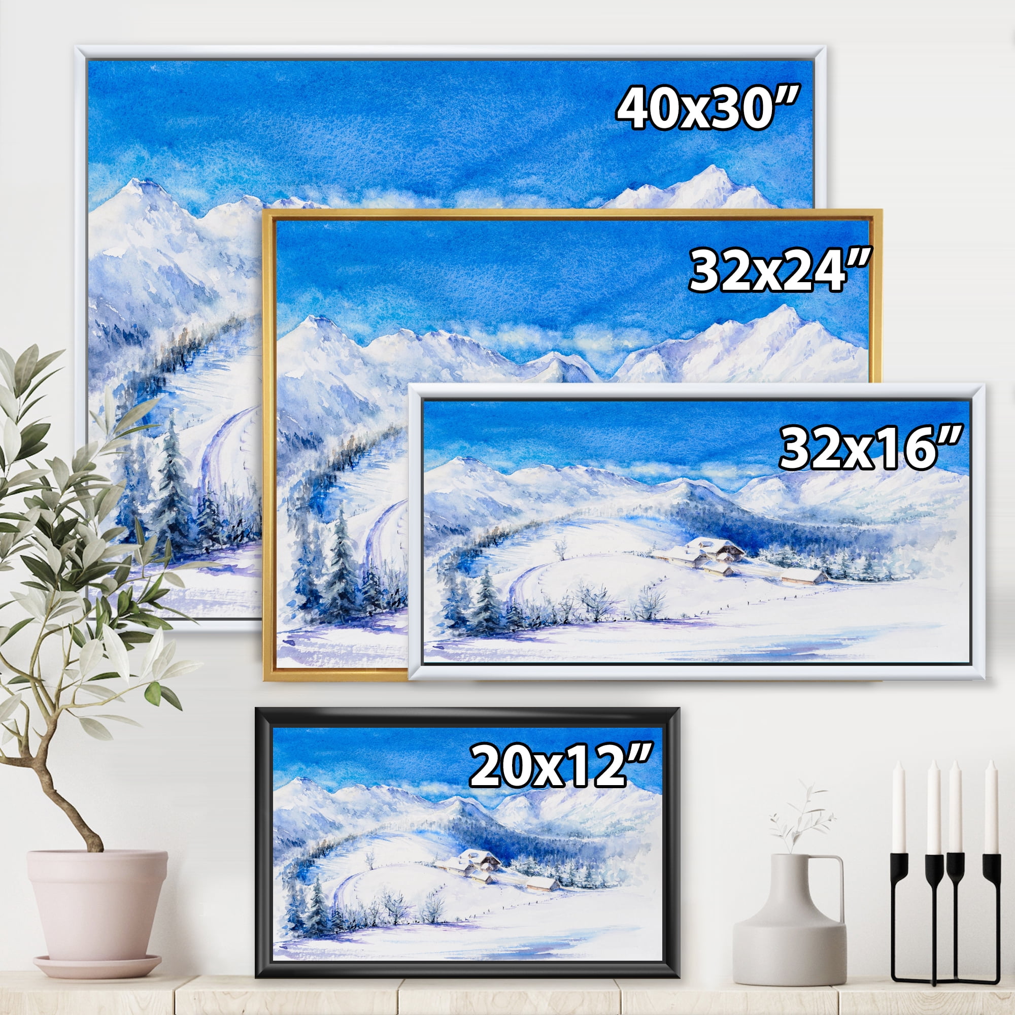 Designart 'Wooden House With Winter Mountain Landscape' Traditional Framed Canvas Wall Art Print