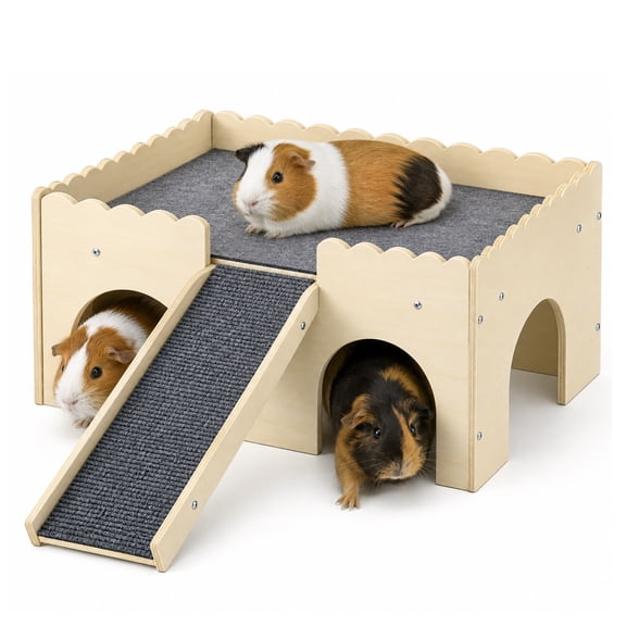 Wooden Guinea Pig House with Detachable Ramp & Mat, Small Animal Hideout with Multiple Arched Entrances, Top Resting Platform, Anti-Slip Felt Pads for Hamsters, Hedgehogs, Chinchillas