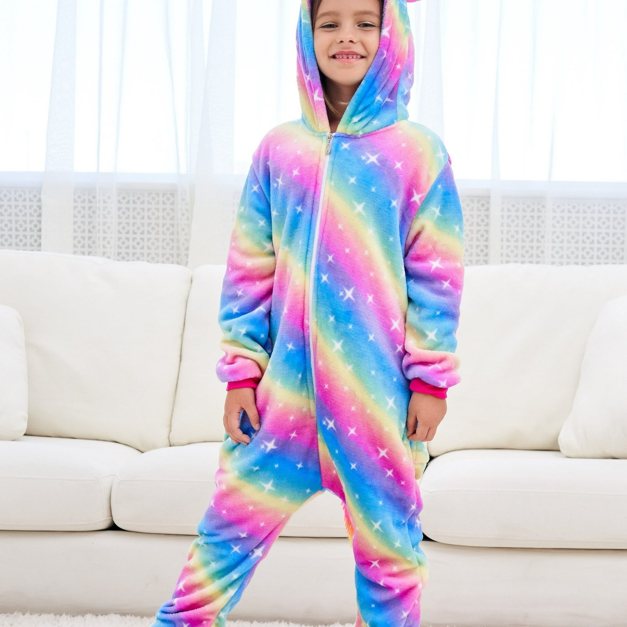 Girls Cute Fleece Thermal Rainbow Unicorn Hooded Pajamas For Home Party Kids Clothes
