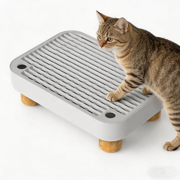 Litter Box Step, Litter Box Ramp/Catcher with Wooden Base, Anti-Tracking & Easy to Clean, Ideal for Small & Elderly Cats