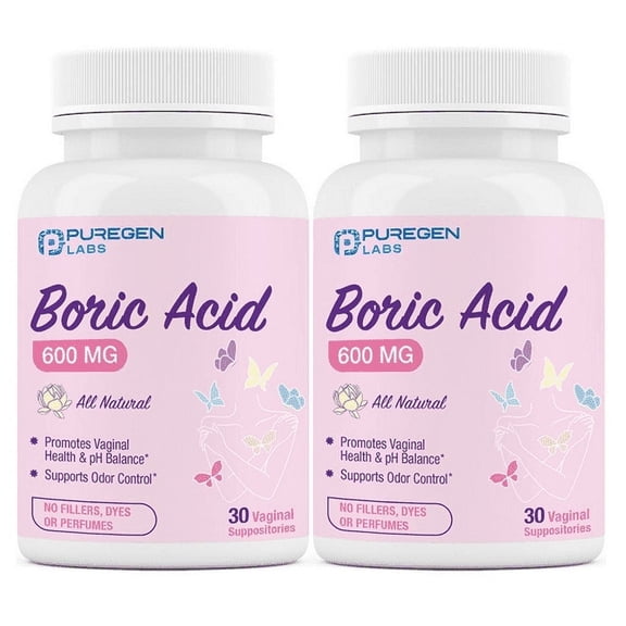 Puregen Labs Boric Acid 600mg Vaginal Suppositories, Feminine Health, 30 Count - 2PK
