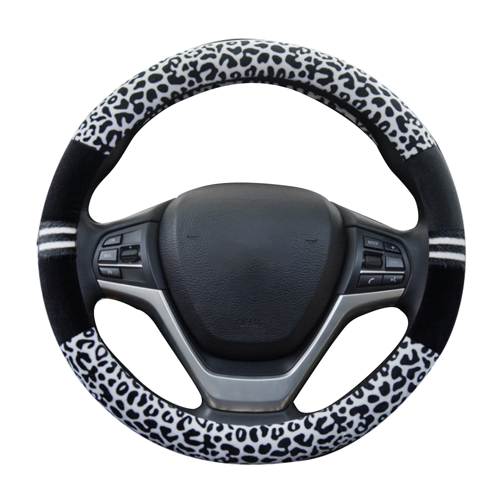 Red Universal 38cm 15"  Leopard Steering Wheel Cover In Winter Plush  Black 