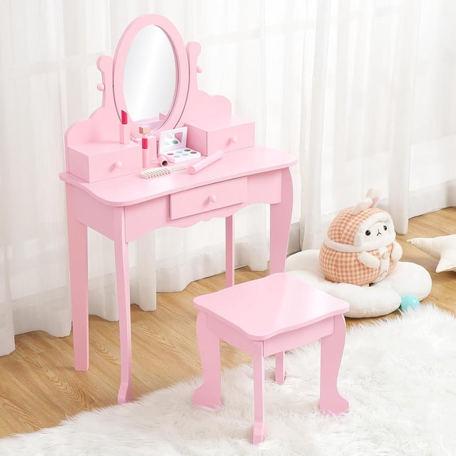 Set de Tocador para Niñas con Espejo, Mesa y Taburete de Madera para Maquillaje, Juguete para Niñas de 4 a 9 Años