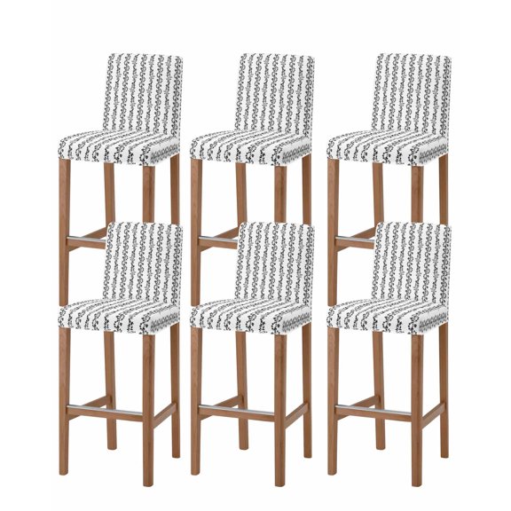 Black Spring Leaves Bar Stool Covers Set of 6, Pastoral Botanical Striped Flowers Stretch Washable Bar Chair Covers with Backs, Removable Pub Counter Height Chair Cover for Kitchen Dining Room Cafe