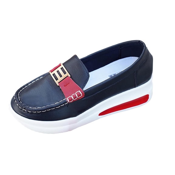 Avrnliq Womens Platform Loafers Chunky Slip On Dark Blue Comfort Shoes Cushioned for Work Metal Buckle Easy Clean,Size 41