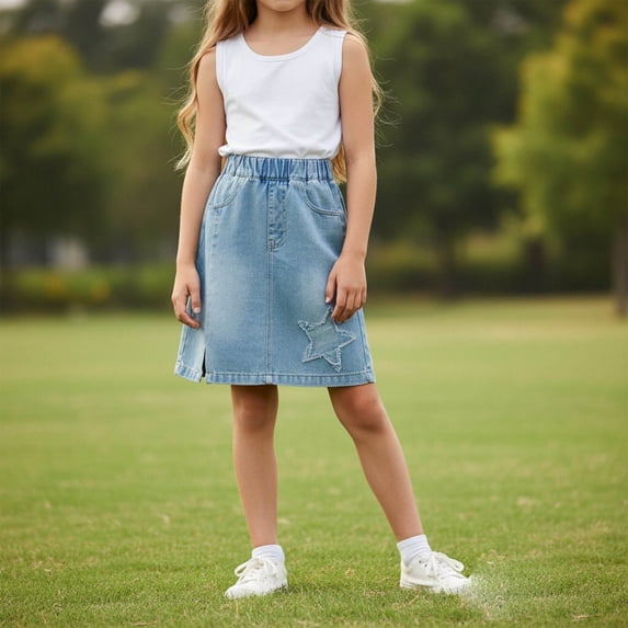 Teen Jean Skirt Kids Elastic Waist Denim Star Embroidered Skirt Cute Jean Skirt Back to School Outfits Skirts for Girls 11-12 Years