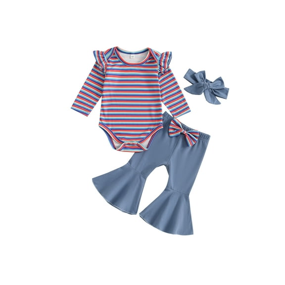 Jxzom Newborn Baby Girl Fall Winter Clothes 0 3 6 12 18 Months Flying Sleeve Striped Ribbed Romper Bell Bottom Flare Pants Headband Outfits Set