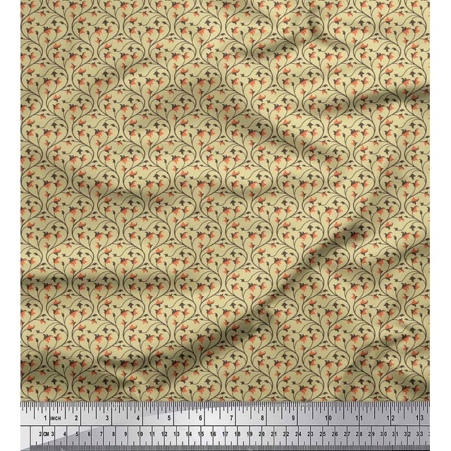 Soimoi Beige Poly Georgette Fabric Artistic Leaf & Floral Print Sewing Fabric Yard 52 Inch Wide