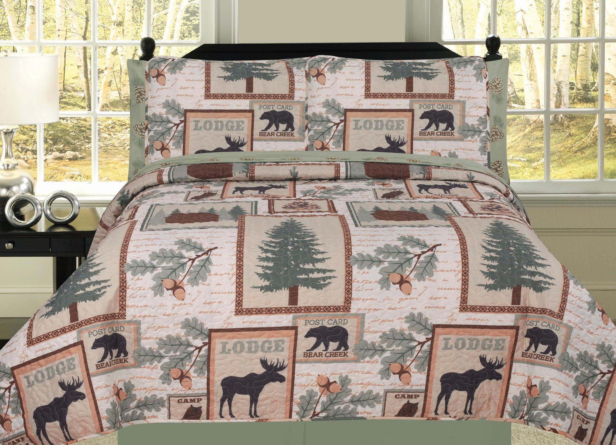 Elk Bear Rustic Mountain Lodge Cabin Twin Quilt 5 Piece Bedding