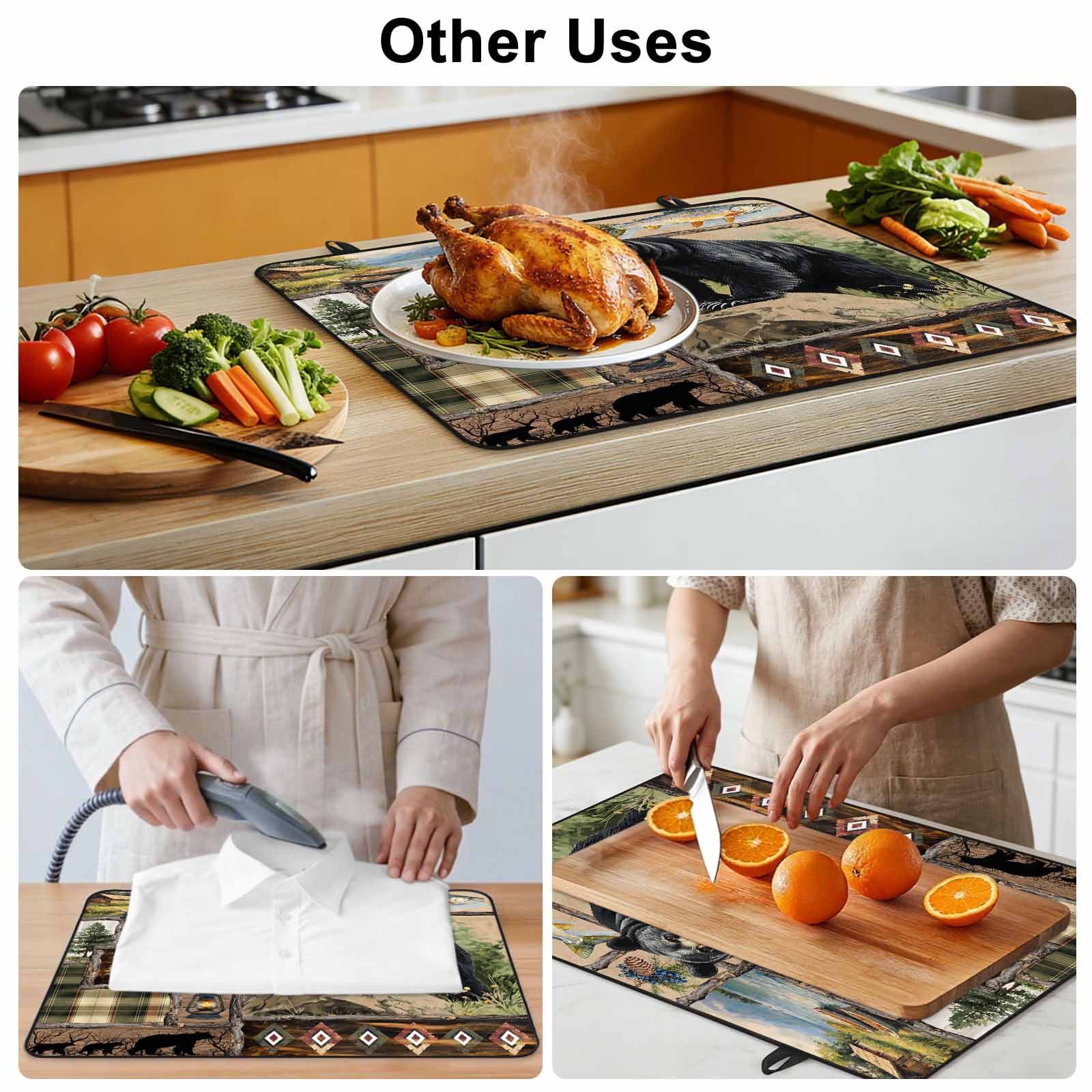 Vintage Black Bears Stove Top Cover for Electric Stove, Heat-proof & Non Slip Glass Top Stove Cover Protector, Abstract Country Plaid Fish Retro Kitchen Flat Cooktop Rubber Mat 24x21 Inches