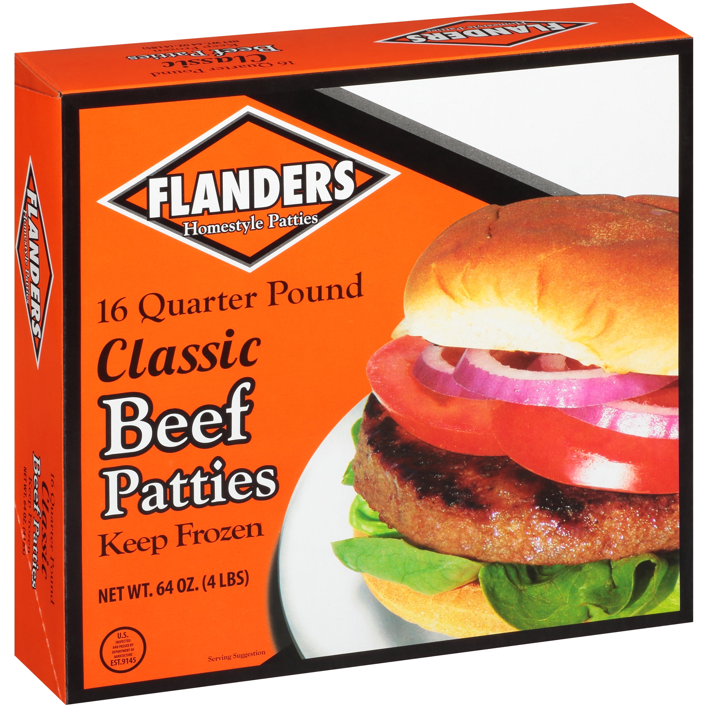 Flanders Homestyle Beef Patties, 16 Quarter Pound Classic Frozen Beef Patties, 64 oz Box