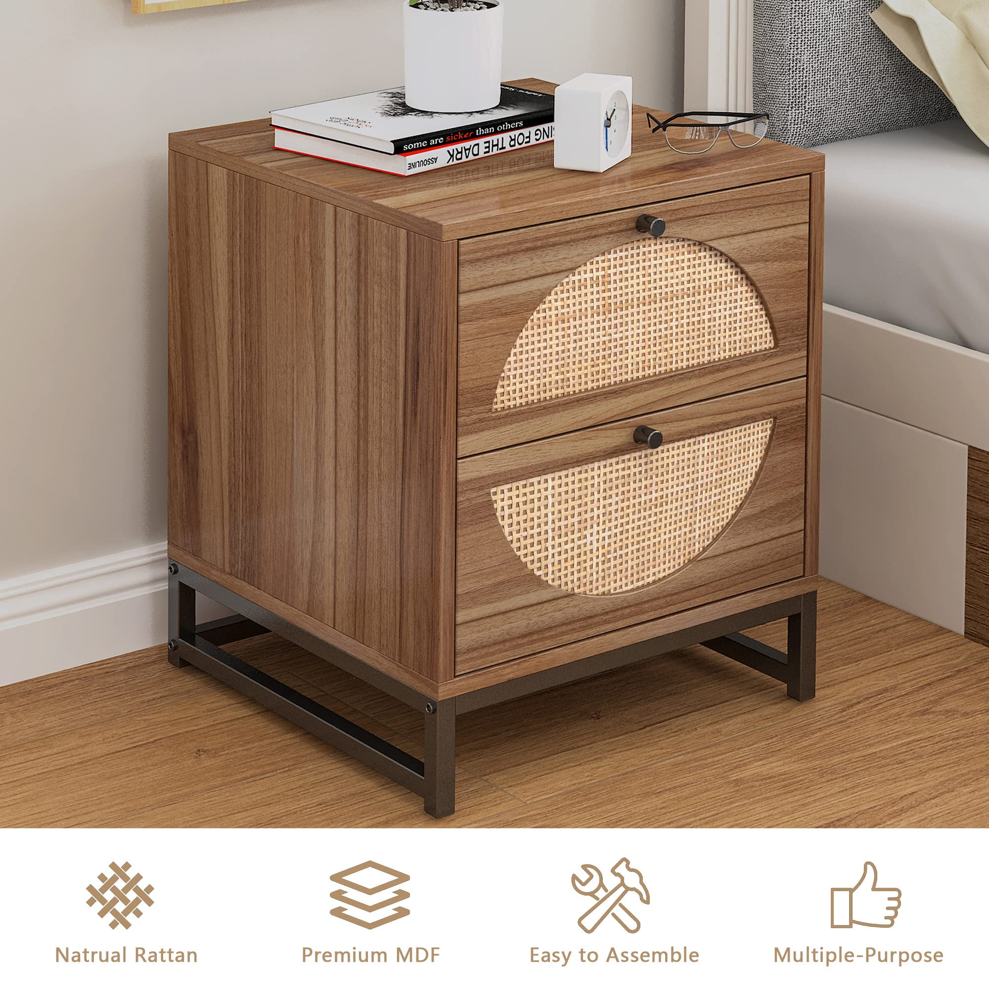  AWQM Rattan Nightstand Set of 2,Farmhouse End Table Set of  2,Wood Sofa Side Table,Accent Table with Storage, Bedside Table Accent  Storage Cabinet Living Room,Metal Legs,Brown : Home & Kitchen