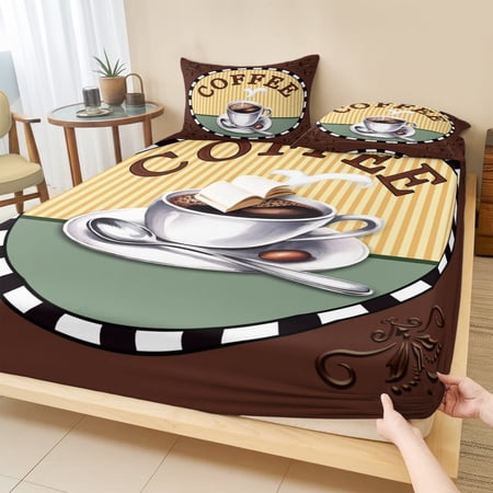 Queen Size Fitted Sheet Set - Farmhouse Coffee 3 Piece Bedding Sets 16" Deep Pocket Fitted Sheet with 2 Pillowcases, Vintage Coffee Cup Beans Country Brushed Microfiber Hotel Luxury Bed Sheets