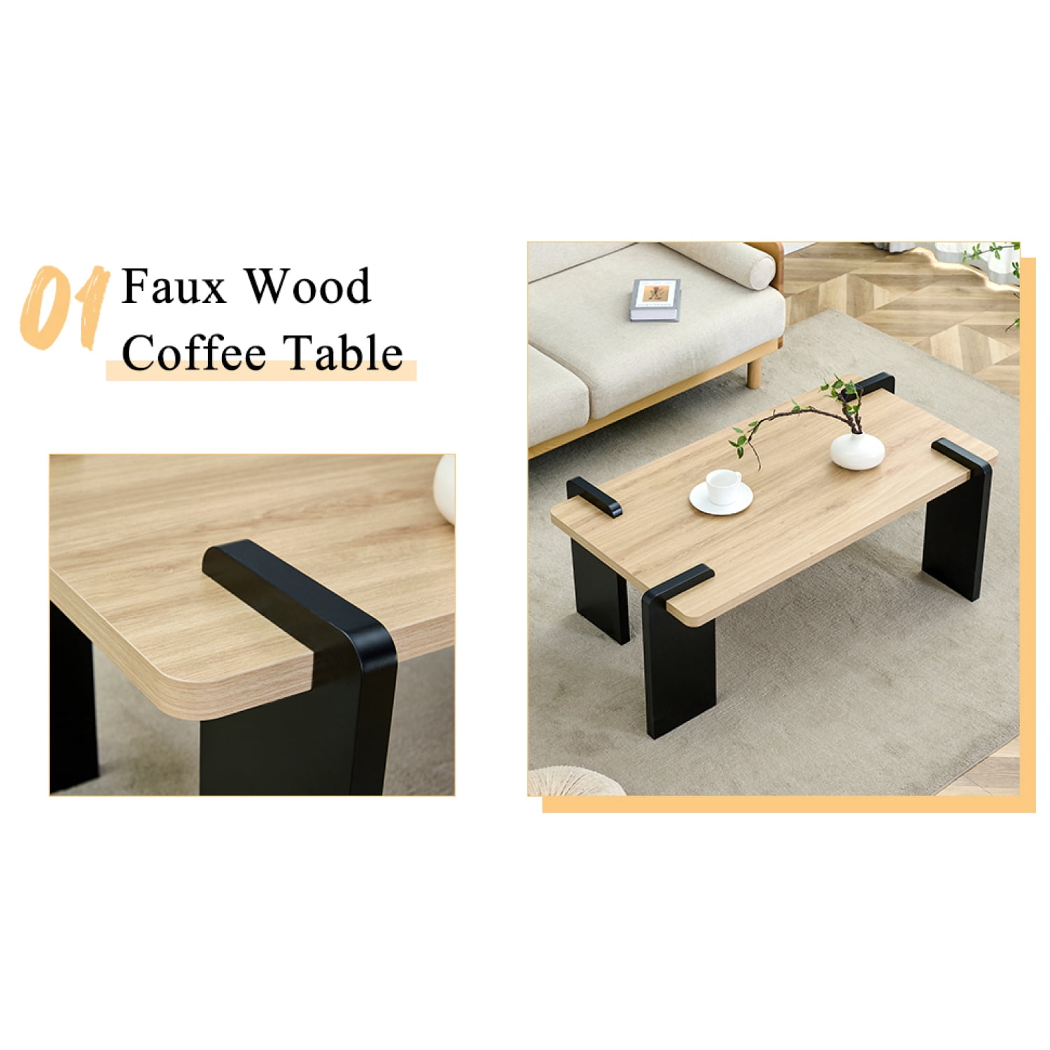 Natural Wood Colored MDF Coffee Table Modern Minimalist Living Room Furniture, 39.3*23.6*17.7 inches, Light Wood Grain Design
