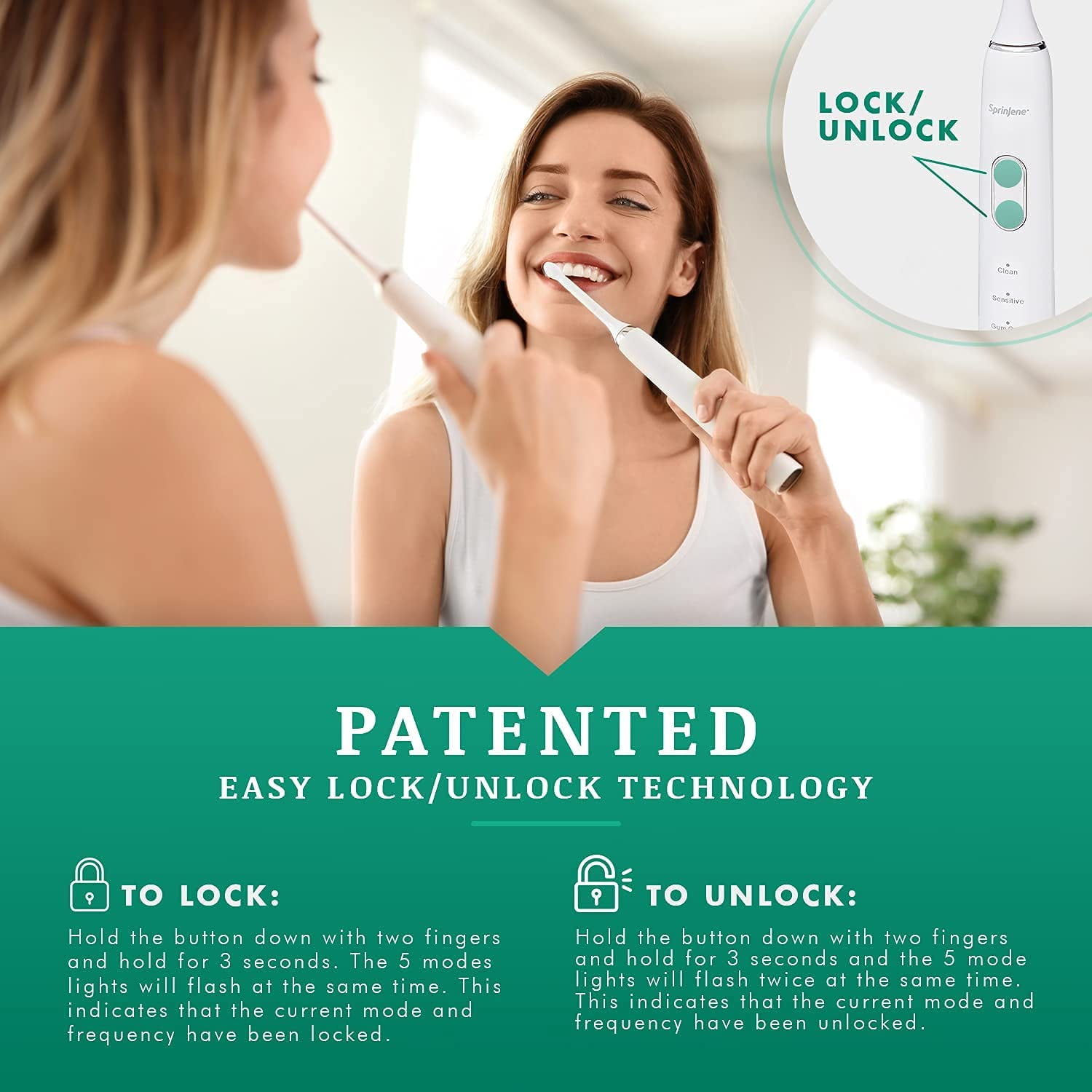 SprinJene SmartClean Electric Toothbrush with Patented Lock & Unlock Technology | 5 Cleaning Modes, 3 Intensity Levels, 90-Day Battery Life