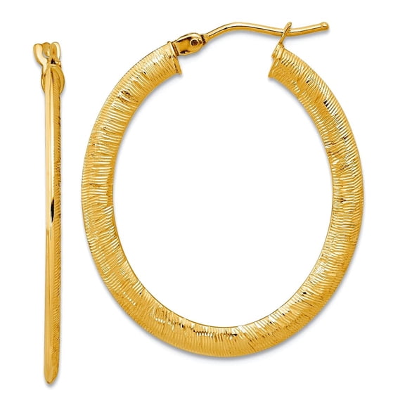 14k Solid Yellow Gold Polished Textured Oval Hoop Earrings 31.27x26mm Wide 1.3mm Thick Hoop Earring for Women