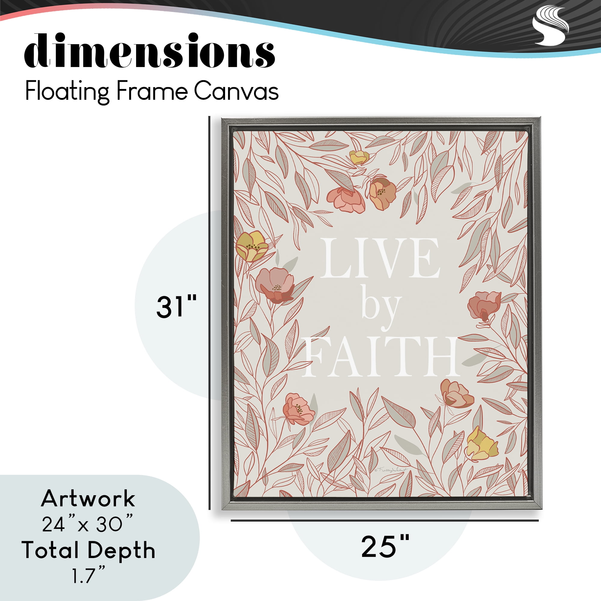 Live By Faith Rosy Florals Gray Framed Floater Canvas Wall Art, design by Kelley Talent