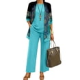 thumbnail image 2 of KDDYLITQ Womens Summer Outfits 3 Piece Open Front Long Sleeve Floral Jacket Matching Straight Leg Pant Vocation Casual Lounge Sets with Pockets Cyan S, 2 of 6