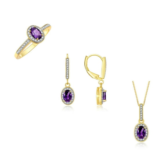 RYLOS 14K Yellow Gold Halo Designer Set: Ring, Earrings & Necklace. Gemstone & Diamonds, 6X4MM Amethyst February Birthstone; Size 5