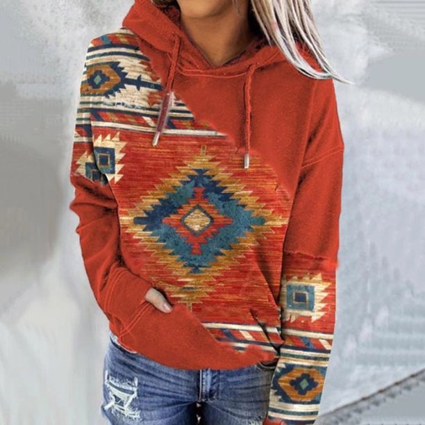 Puntoco Mujeres Casual Folk-Custom Impreso Pullover Manga Larga Con Capucha Bolsillo Blusa tops Sudaderas Puntoco Puntoco-7128