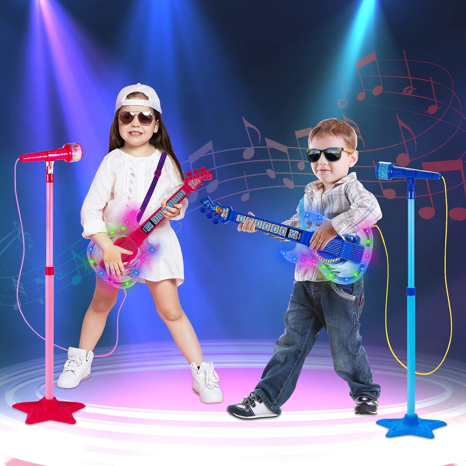 Hinzonek  kid Electric Guitar Kit with Microphone,Guitar Toys with Music&Colorful Light,Adjustable Height Microphone with Stand,Karaoke Toys Gift for Boy,Girls,Toddlers
