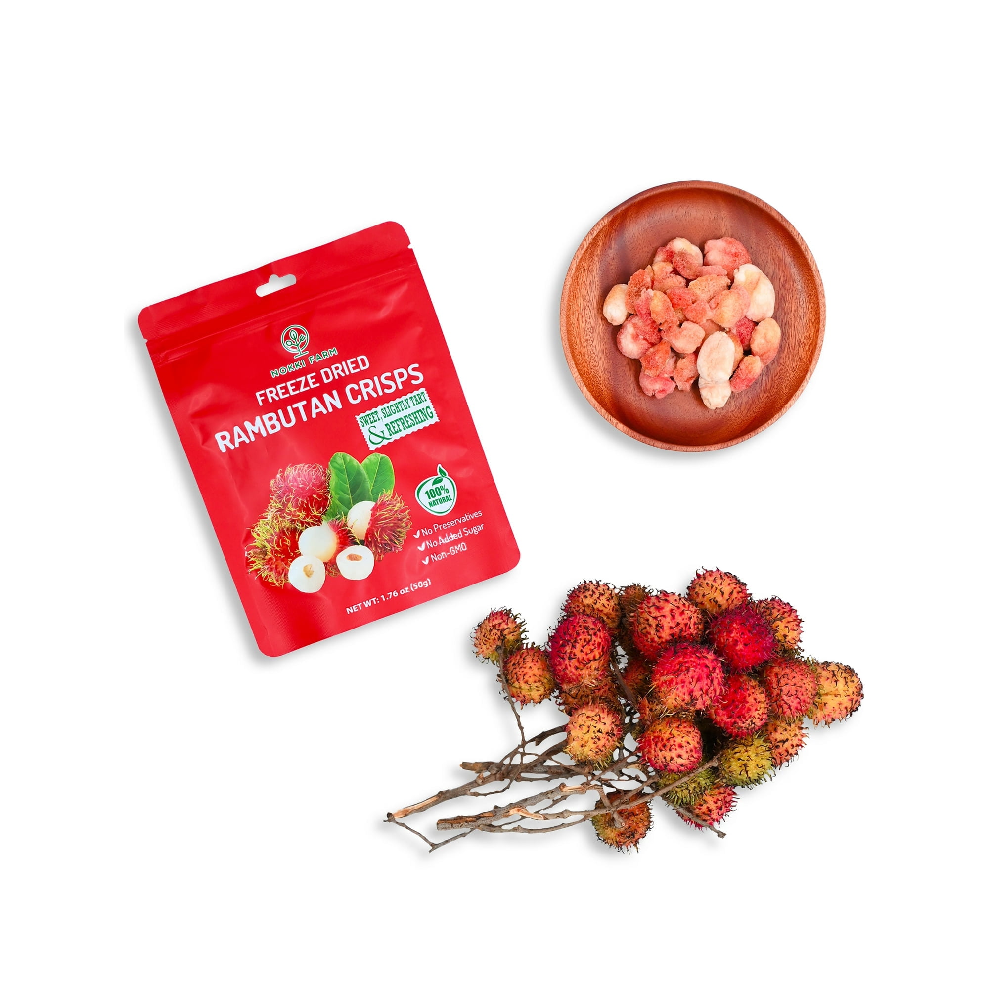 NOKKI FARM Freeze Dried Rambutan Crisps - Healthy & Exotic Tropical Superfood Snacks, No Added Sugar or Preservatives, Kid-Approved, Shelf-Stable & Portable for On-The-Go Snacking, 1.76oz (Pack of 3)