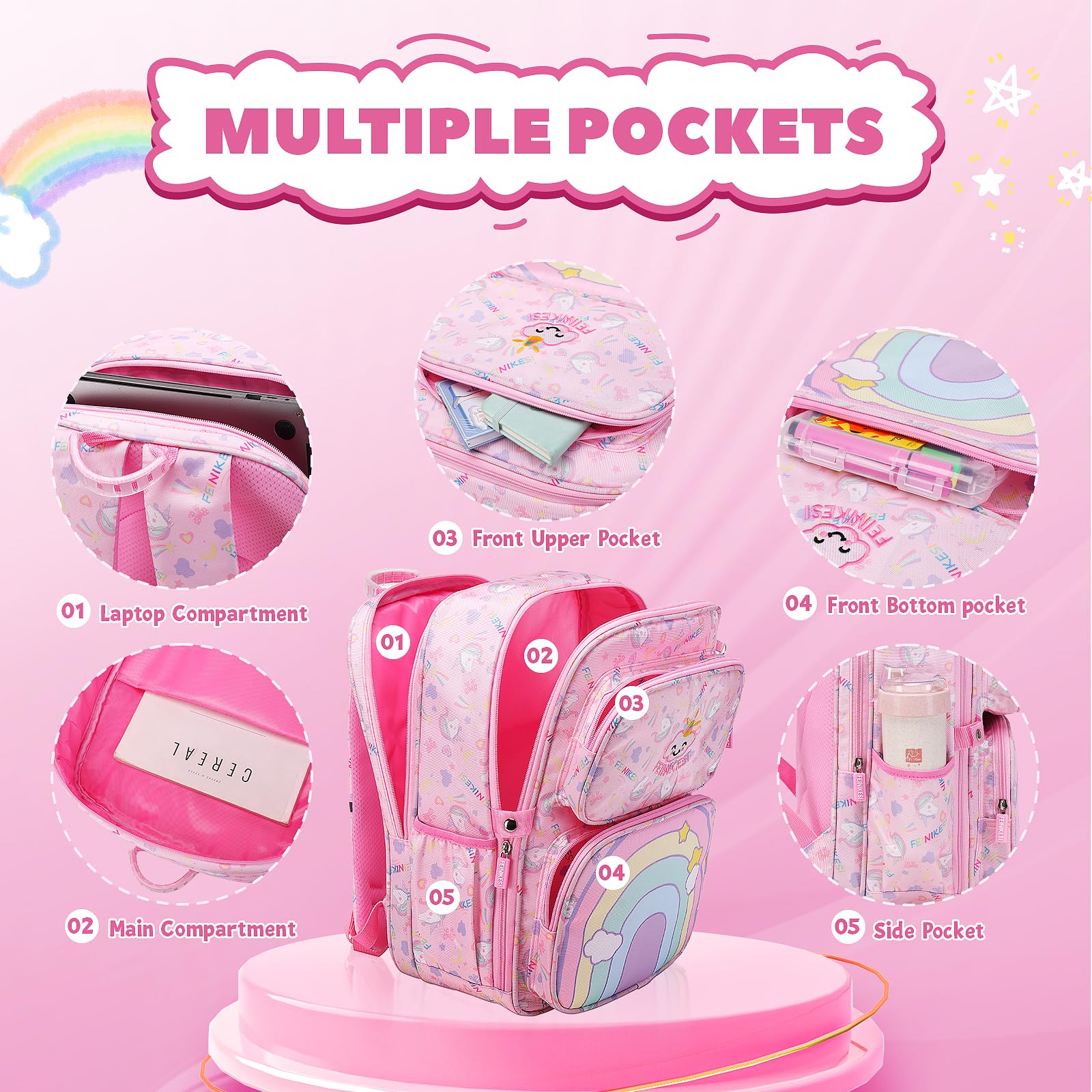 Mochila escolar para niñas, bonita con arcoíris, de gran capacidad y múltiples bolsillos, rosa 5