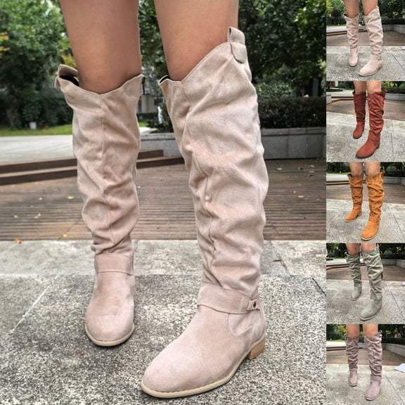 FUZHIQ Slouchy Wide Calf Knee High Elegant Boots for Women Fashion Suede Buckle Low Heel Casual Round Toe Side Zipper Winter Fall Tall Boots