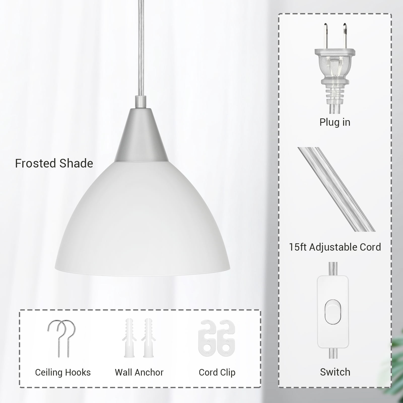 DEWENWILS Plug in Pendant Light, Hanging Light with 15Ft Clear Cord, On/Off Switch, Frosted Plastic White Shade, Hanging Ceiling Light for Living Room, Bedroom, Dining Hall, Pack of 2