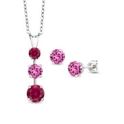 Gem Stone King 925 Sterling Silver Red Created Ruby and Pink Created Sapphire Pendant and Earrings Jewelry Set For Women (2.90 Cttw, Gemstone July Birthstone, with 18 inch Chain)