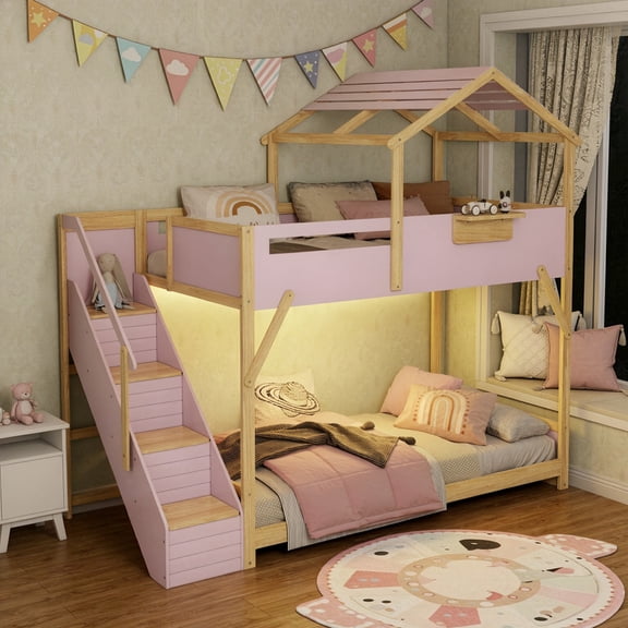 Twin over Twin House-Shaped Bunk Bed with Roof & Stairs, Kids Bed Frame with 3-Color LED Lights & Bedside Storage Shelf