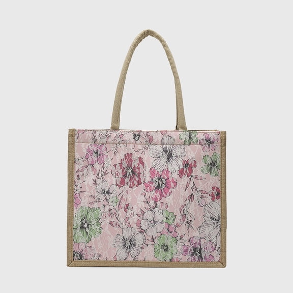 Women's Floral Linen - Polyester Tote Bag - Lightweight Floral Print Shopping Bag - Pink