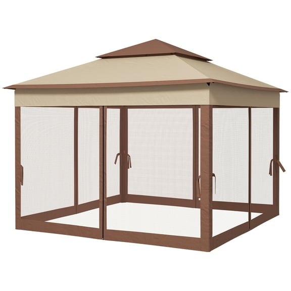 Homiyad Outdoor Patio Pop Up Canopy Gazebo Shelter with Zipper Netting, Carry Bag, 11' x 11', Khaki | Aosom.com