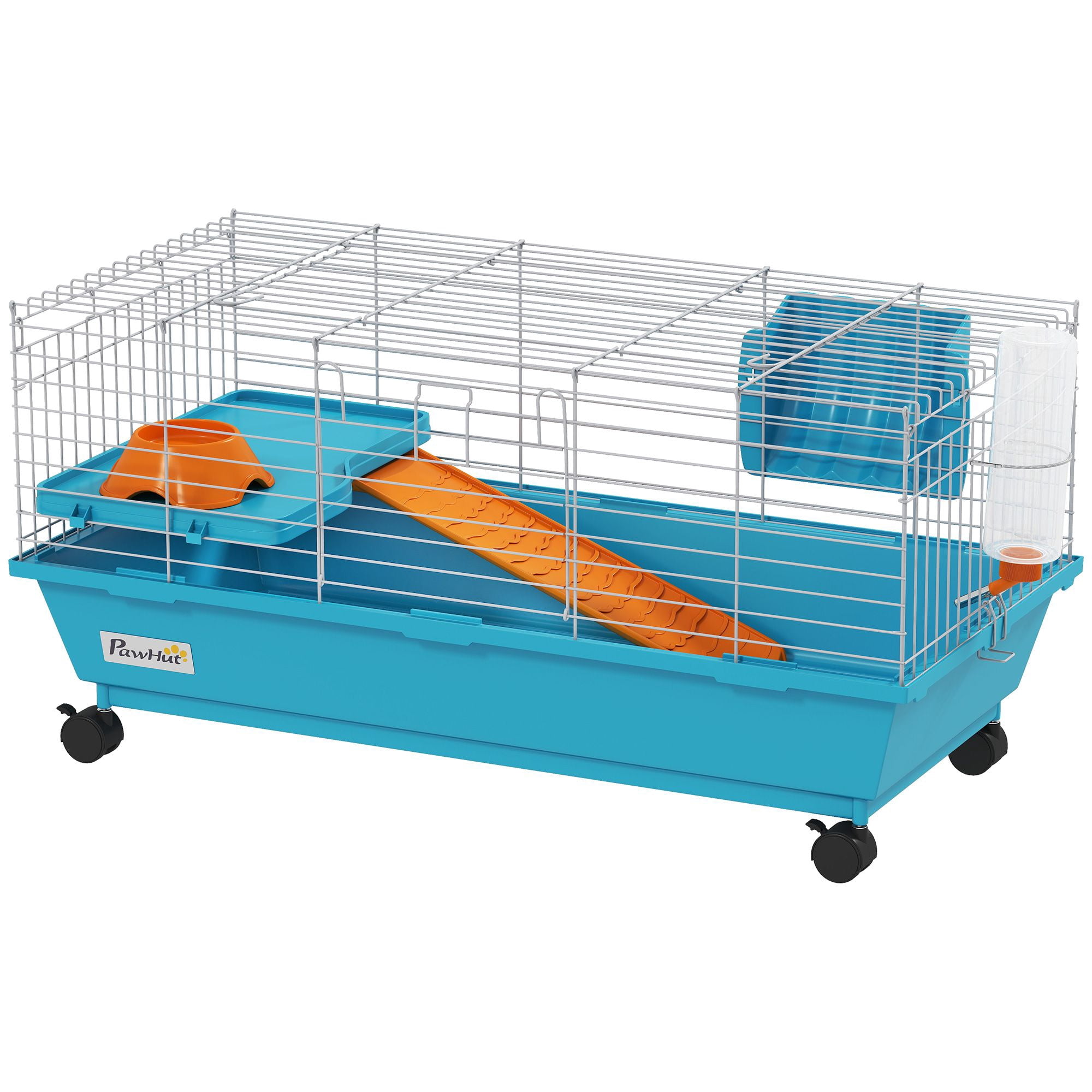 Steel Cage for Rabbits & Guinea Pigs w/ Wheels Feeder Bottle - Blue - 89x44x43cm (35x17x17in)
