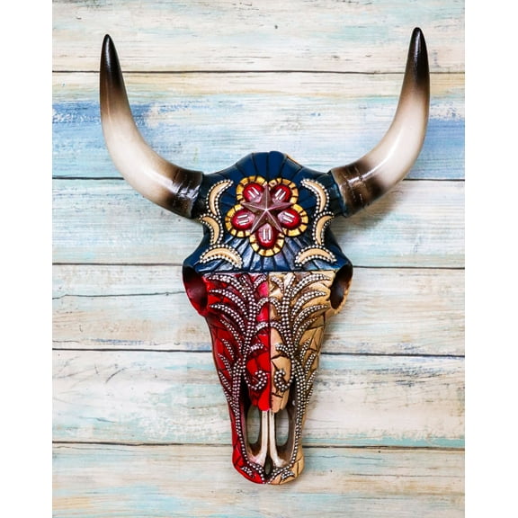 Western Texas Flag Colors Floral Tribal Tattoo Bison Cow Skull Wall Decor Plaque