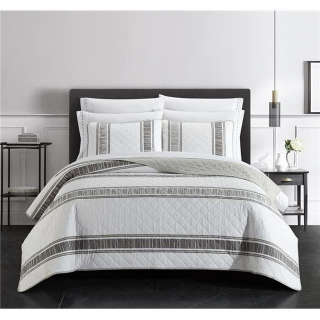 Ensemble de Courtepointe Maxie&44; Blanc & Gris - King Size - 9 Pièces
