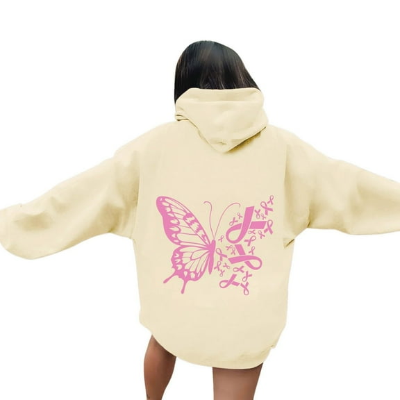 BLOCLOALO Graphic Hoodies Breast Cancer Awareness Ribbon Printed Drawstring Hoodie Sweatshirt Casual Oversized Long Sleeve Streetwear Pullover Beige L