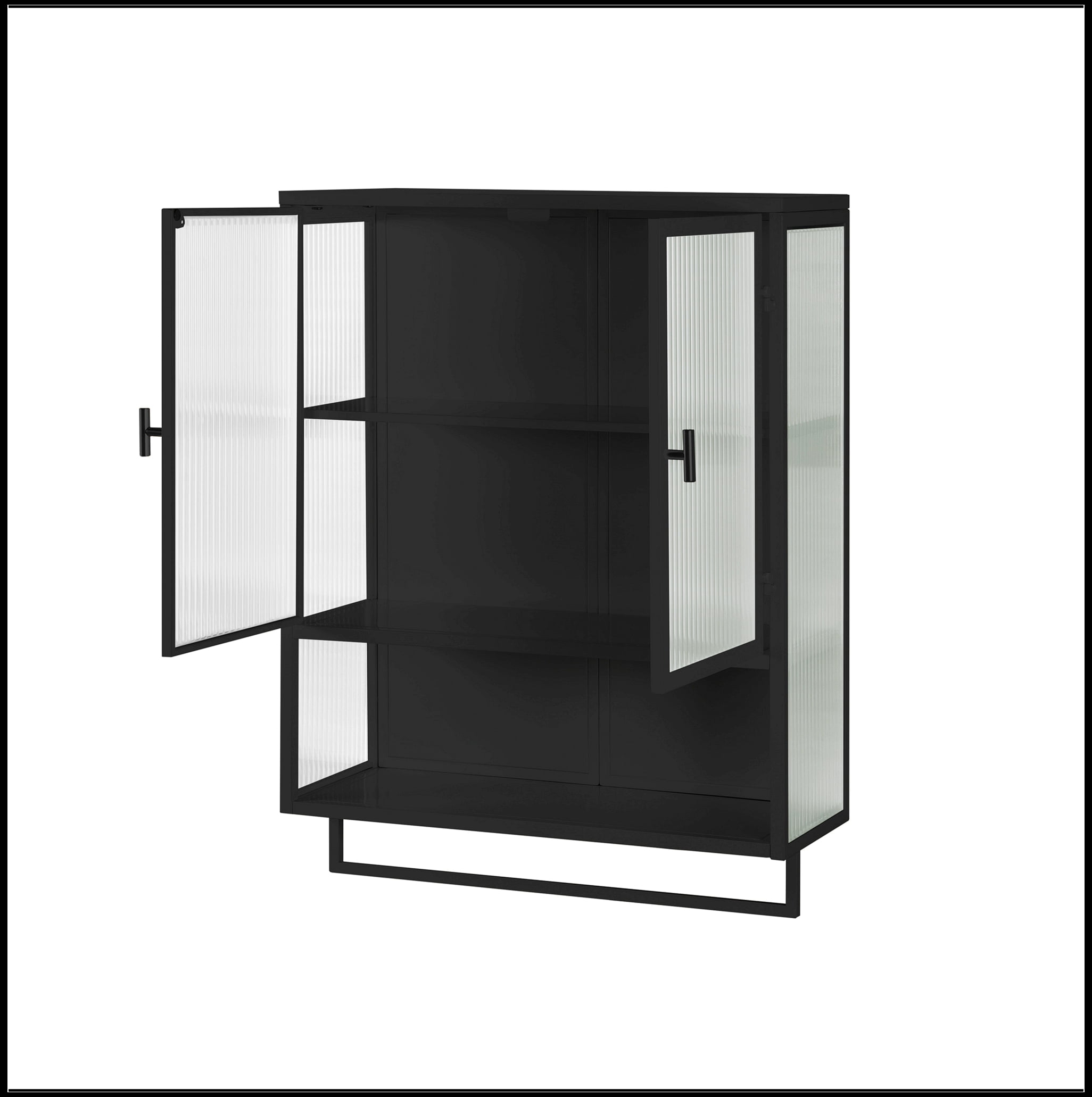 23.62"Glass Doors Modern Two-door Wall Cabinet with Featuring Two-tier Enclosed Storage, an Open Shelf, and Towel Rack, for Entryway Living Room Bathroom Dining Room,Black