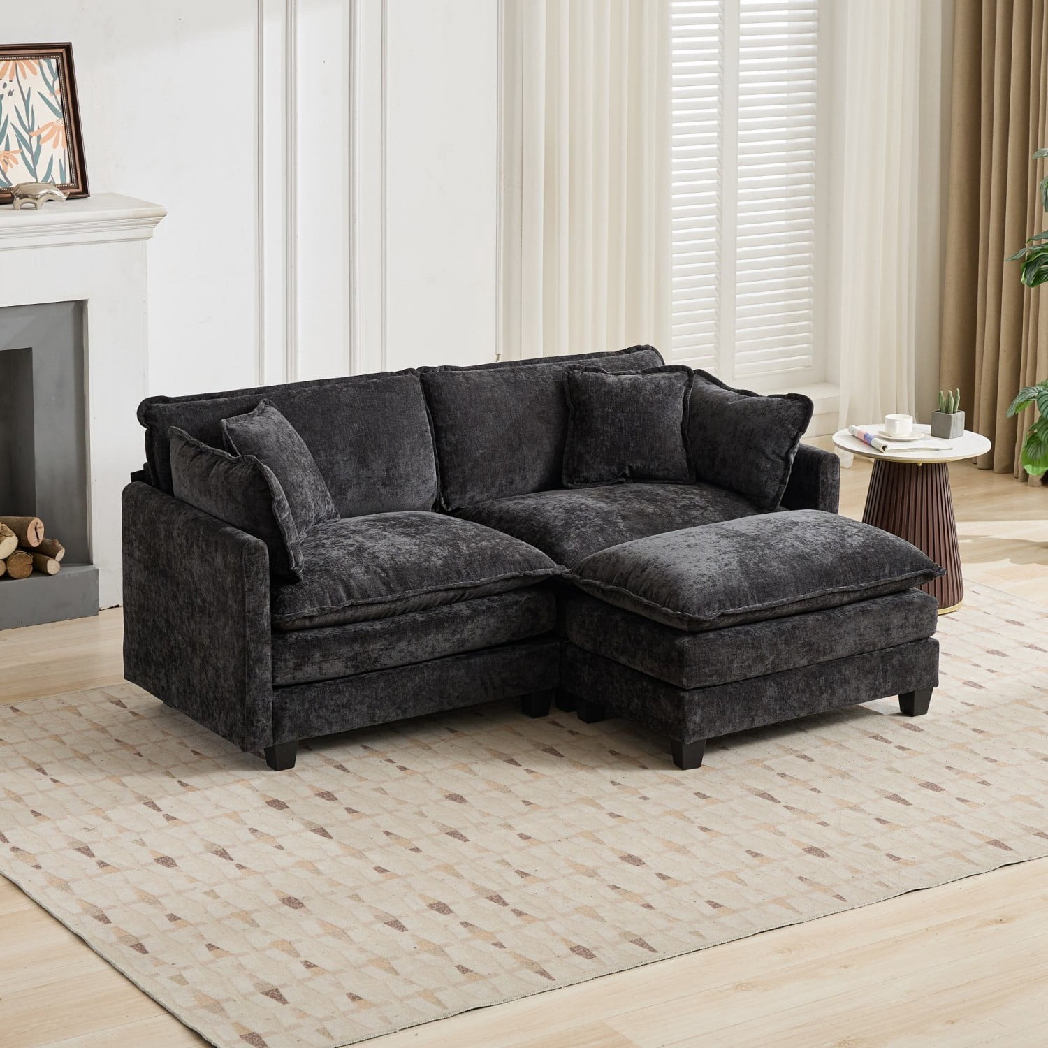 Cloud Sofa Ottoman, Modular Oversized Ottoman for Sectional Couch, Chenille Upholstered Footrest Stool for Living Room, Bedroom, Apartment, Black