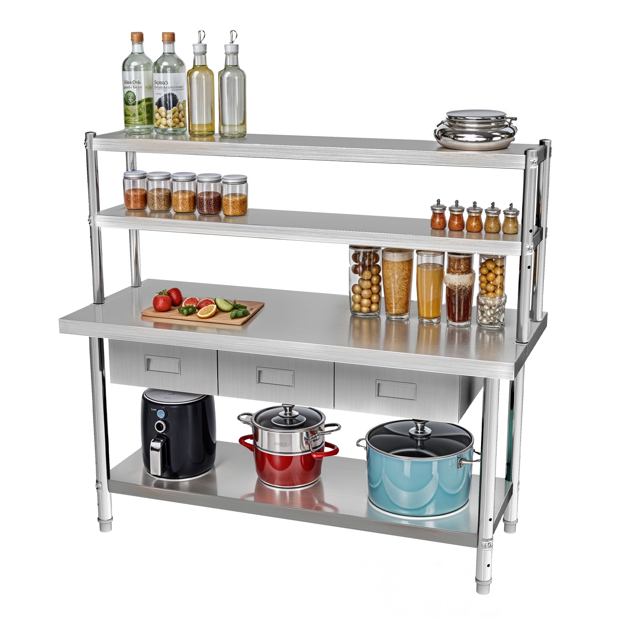 Uforic 60" X 24" Stainless Steel Table with Overshelves and 3 Drawers, Work Table with 72" X 12" Shelf & 3 Drawers, Metal Table Prep Table