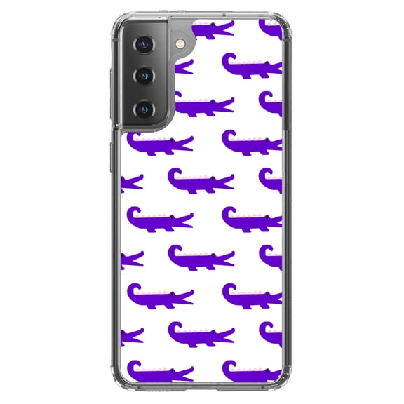 DistinctInk Clear Shockproof Hybrid Case for Galaxy S21  PLUS 5G (6.7" Screen) - TPU Bumper, Acrylic Back, Tempered Glass Screen Protector - Purple White Alligators - Cartoon Alligators