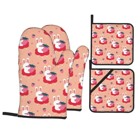 

Oven Mitts and Pot Holders Sets 4 pcs - Cartoon Cute Rabbit Strawberry Heat Resistant Silicone Oven Gloves with Non-Slip Silicone Surface and hot pads for kitchen Baking Cooking BBQ