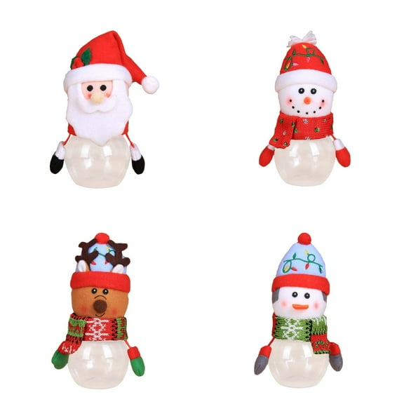 THLKIF Christmas Candy Jars, Santa Elk Snowman Plastic Canister Set with Fabric Decoration, Holiday Cookie Containers for Candy Storage, Kids Christmas Party Favors, Table Decor (Multi, 4PCS)