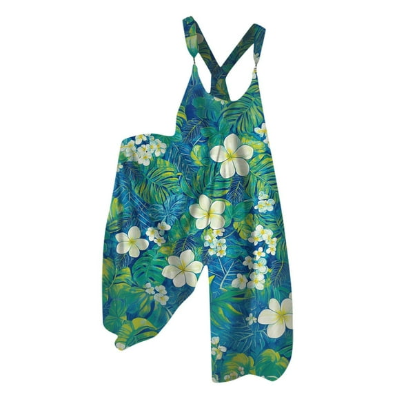Xyxonk Baggy Jumpsuits for Women Summer Loose Plus Size Jumpers Rompers Floral Print Wide Leg Spaghetti Strap Clothes Sky Blue S