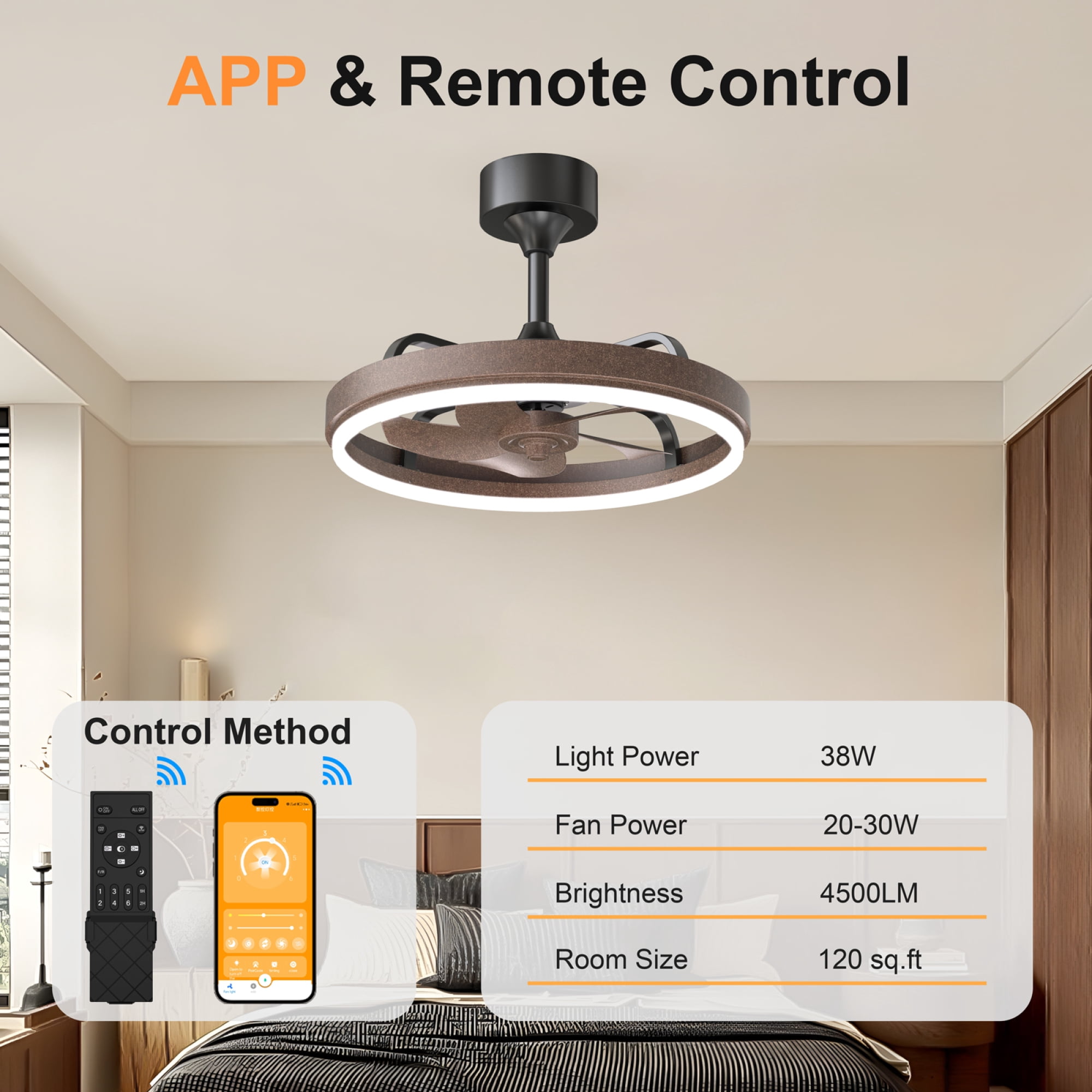 Leumius 20.5" Rustic Brown Ceiling Fans with Lights Remote & APP Control, Downrod Mount Dimmable LED Fandelier, 6 Speeds Quiet DC Motor, Modern Ceiling Fan for Bedroom Living Room